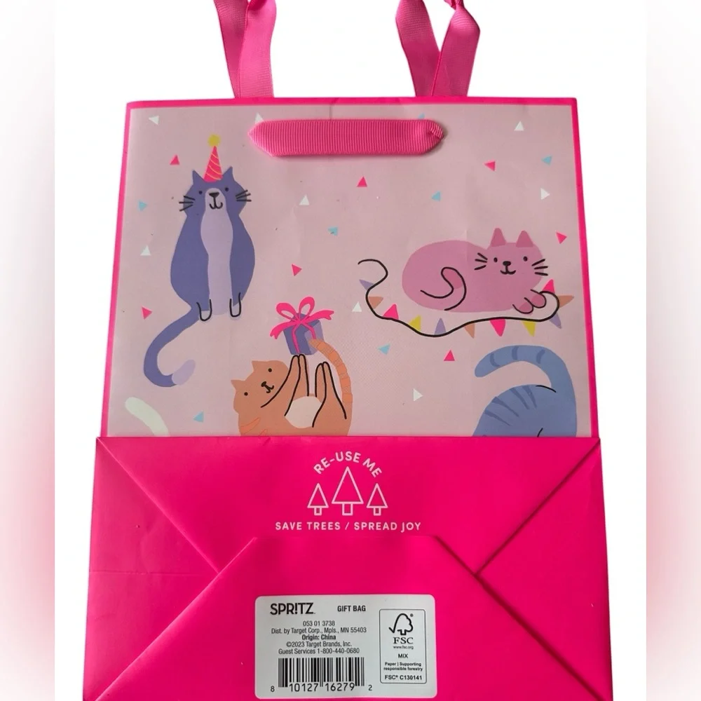 New Pack of 15 -Pink Birthday Cat Gift Bag and Card Set